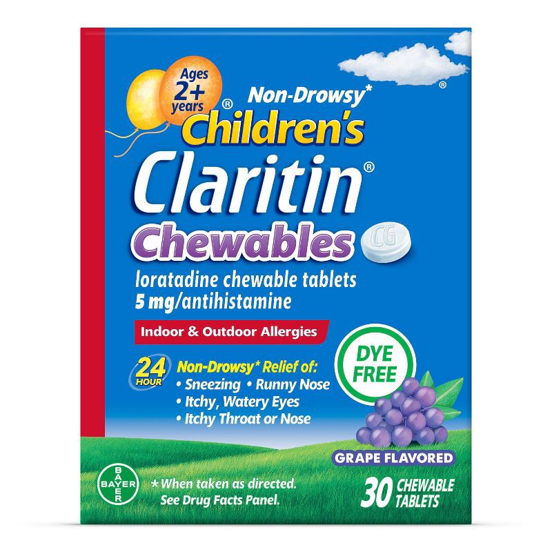 slide 1 of 10, Children's Claritin Loratadine Allergy Relief 24 Hour Non-Drowsy Grape Chewable Tablets - 30ct, 30 ct