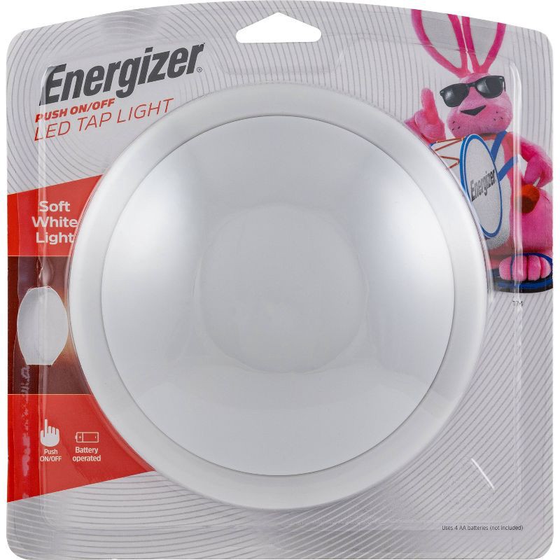 slide 1 of 9, Energizer Tap LED Moon Cabinet Lights: Stick On Touch Light for Closet, Battery Operated, White, 100-Hour Run Time, 1 ct