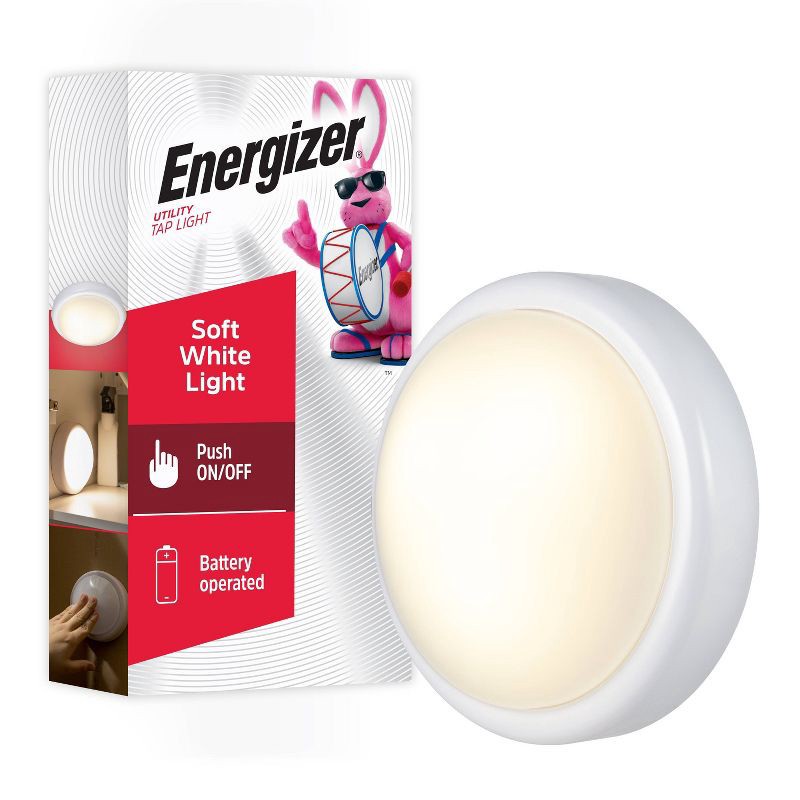 slide 1 of 10, Energizer Tap LED Moon Cabinet Lights: Stick On Touch Light for Closet, Battery Operated, White, 100-Hour Run Time, 1 ct