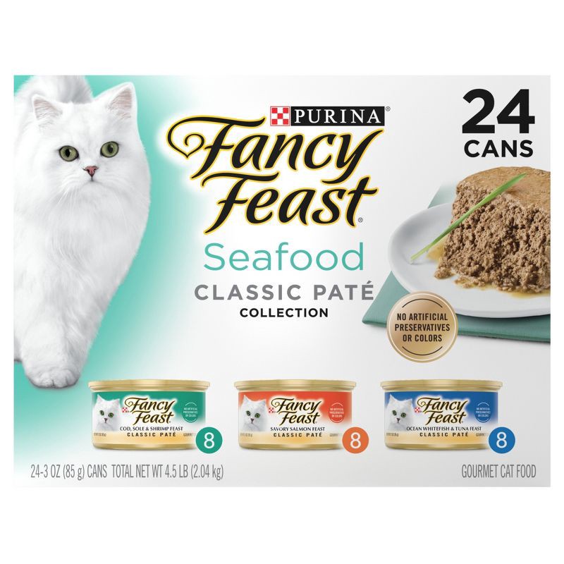 slide 2 of 10, Purina Fancy Feast Seafood Classic Paté Variety Pack Tuna, Salmon, Fish & Shrimp Flavor Wet Cat Food Cans - 3oz/24ct, 24 ct; 3 oz