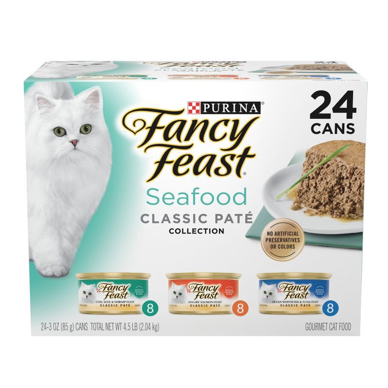slide 1 of 10, Purina Fancy Feast Seafood Classic Paté Variety Pack Tuna, Salmon, Fish & Shrimp Flavor Wet Cat Food Cans - 3oz/24ct, 24 ct; 3 oz
