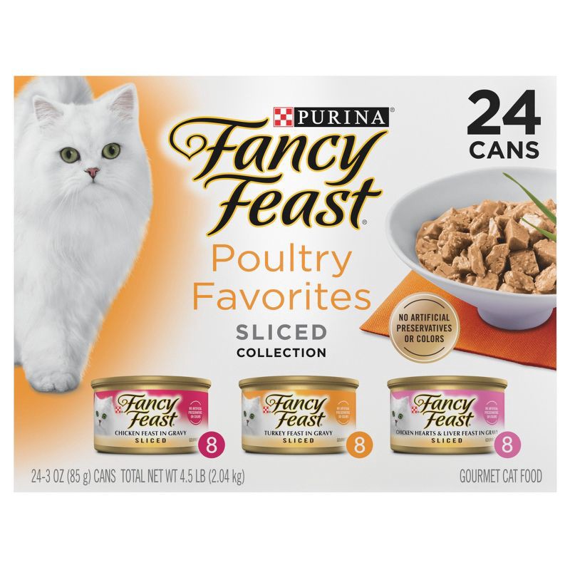 slide 2 of 12, Purina Fancy Feast Poultry Favorites Variety Pack Liver, Chicken & Turkey Flavor Gravy Wet Cat Food Cans - 3oz/24ct, 24 ct; 3 oz