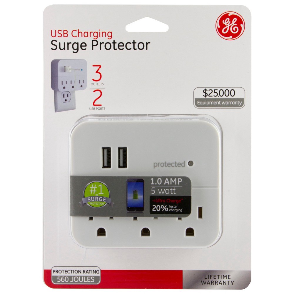 slide 5 of 7, General Electric GE 3 Outlet 2 USB Port Surge Protector Tap 560 White, 1 ct