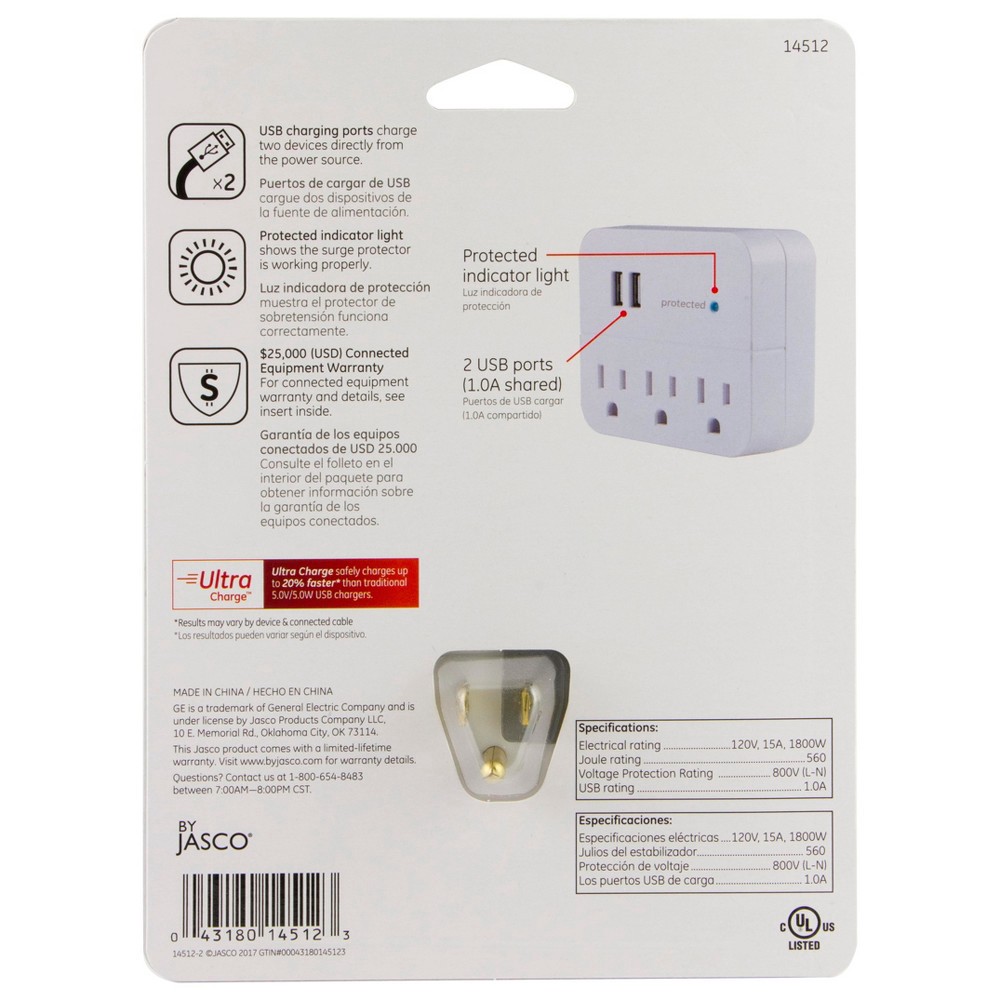 slide 6 of 7, General Electric GE 3 Outlet 2 USB Port Surge Protector Tap 560 White, 1 ct