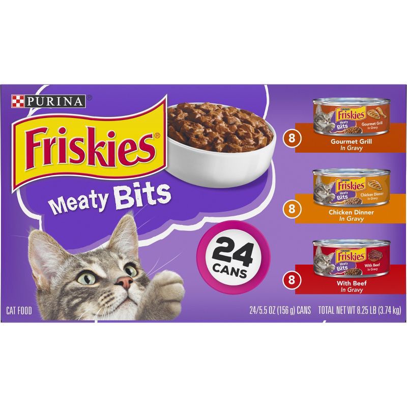 slide 9 of 9, Purina Friskies Meaty Bits Gourmet Grill, Chicken & Beef Wet Cat Food - 5.5oz/24ct Variety Pack, 24 ct; 5.5 oz