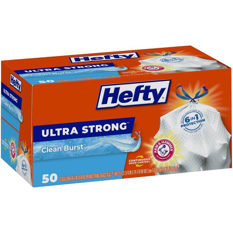 slide 2 of 7, Hefty Ultra Strong Tall Kitchen Drawstring Trash Bags - Clean Burst Scent - 13 Gallon - 50ct, 13 gal, 50 ct