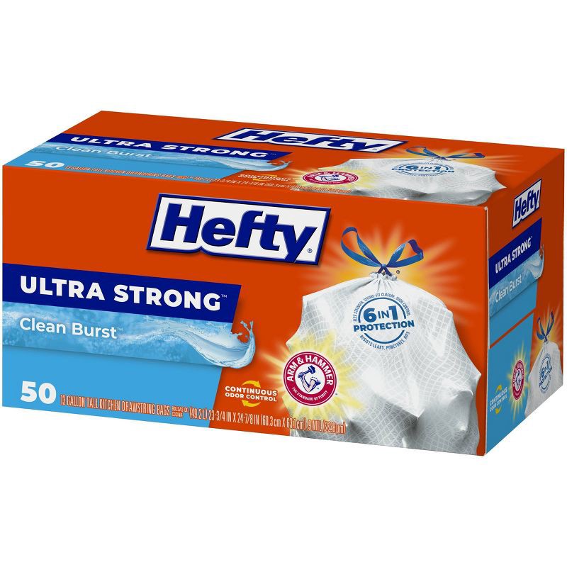 slide 3 of 7, Hefty Ultra Strong Tall Kitchen Drawstring Trash Bags - Clean Burst Scent - 13 Gallon - 50ct, 13 gal, 50 ct