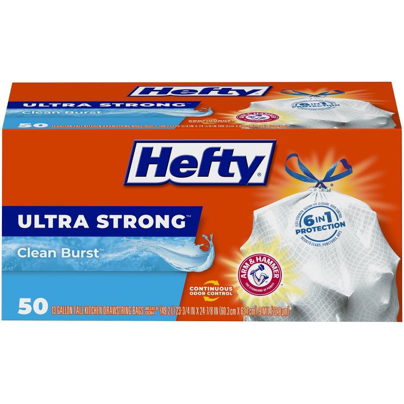 slide 1 of 7, Hefty Ultra Strong Tall Kitchen Drawstring Trash Bags - Clean Burst Scent - 13 Gallon - 50ct, 13 gal, 50 ct