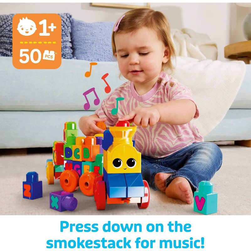 slide 2 of 9, Mega Bloks MEGA ABC Musical Train Preschool Building Block Train Toy with Alphabet Blocks for Learning Letters Plus Real Sounds and Music 50pc, 50 ct