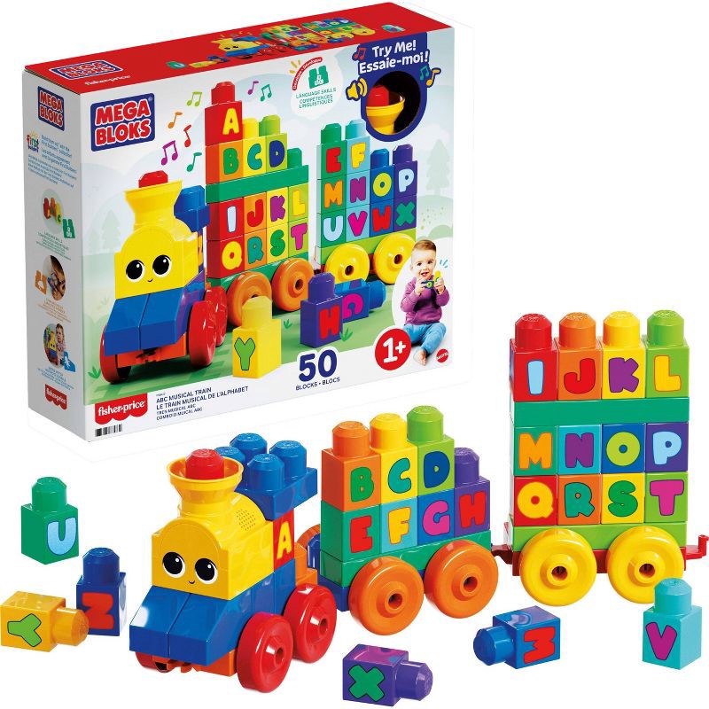 slide 1 of 9, Mega Bloks MEGA ABC Musical Train Preschool Building Block Train Toy with Alphabet Blocks for Learning Letters Plus Real Sounds and Music 50pc, 50 ct