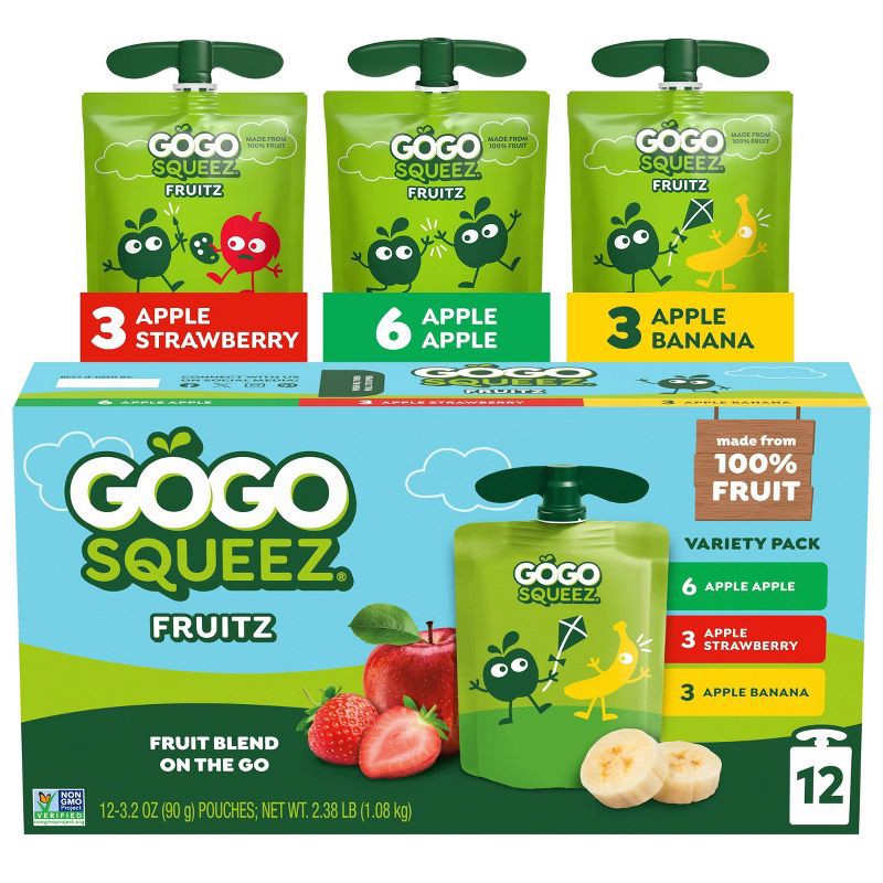 slide 1 of 7, GoGo SqueeZ No Sugar Added Applesauce and Fruit Puree Apple Banana & Strawberry Variety Pack - 3.2oz/12ct, 12 ct; 3.2 oz