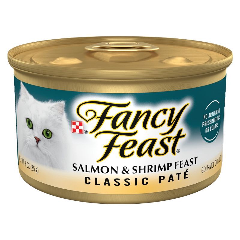 slide 1 of 9, Purina Fancy Feast Classic Paté Gourmet Wet Cat Food Salmon, Fish & Shrimp Feast - 3oz, 3 oz