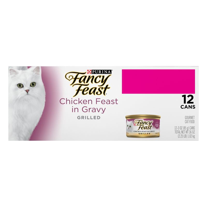 slide 2 of 9, Purina Fancy Feast Grilled Chicken Flavor Feast in Gravy Wet Cat Food Cans - 3oz/12ct Pack, 12 ct; 3 oz