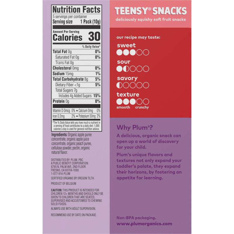 slide 5 of 11, Plum Organics Teensy Snacks Soft Fruit Snacks - Peach - 0.35oz/5ct, 0.35 oz, 5 ct