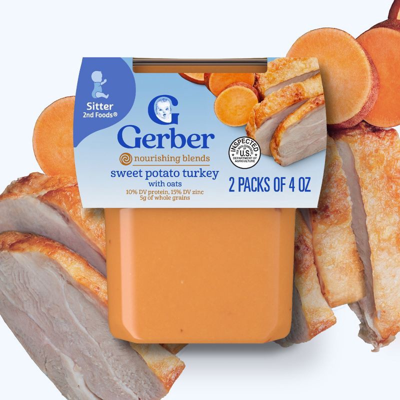 slide 3 of 10, Gerber Baby Food Stage 2 Sweet Potato & Turkey with Whole Grains Puree Tub - 2ct/4oz, 2 ct; 4 oz