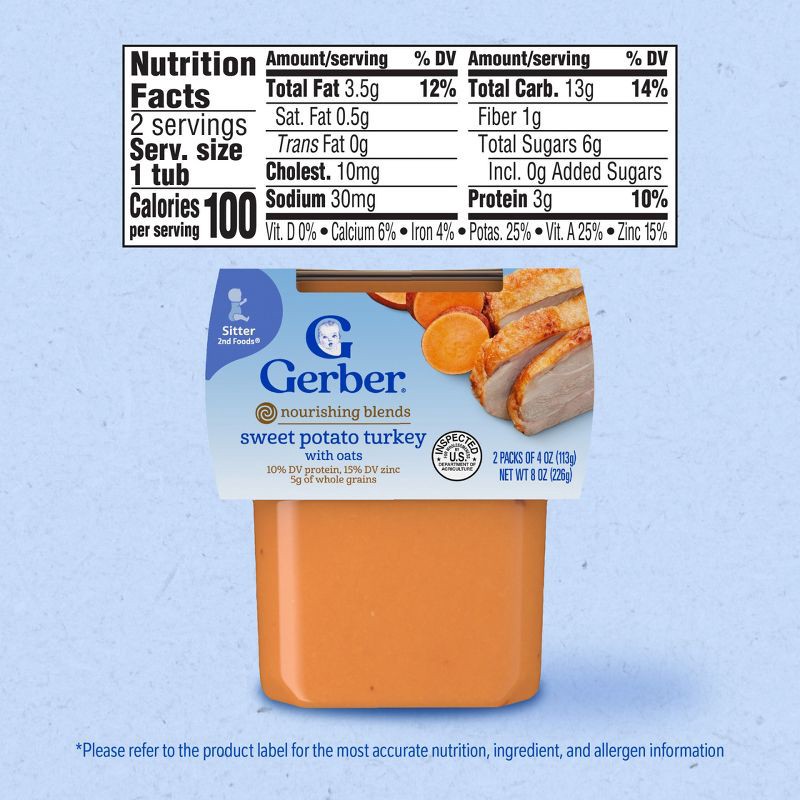 slide 8 of 10, Gerber Baby Food Stage 2 Sweet Potato & Turkey with Whole Grains Puree Tub - 2ct/4oz, 2 ct; 4 oz