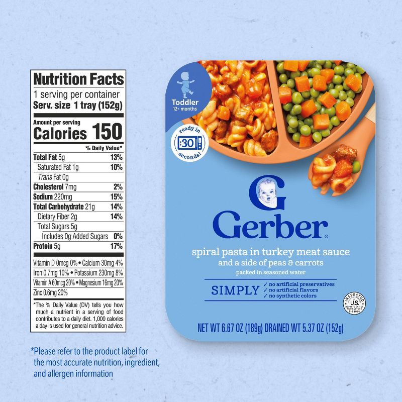 slide 7 of 8, Gerber Baby Food Spiral Pasta in Turkey Meat Sauce with Green and Yellow Beans Toddler Meals- 6.67oz, 6.67 oz