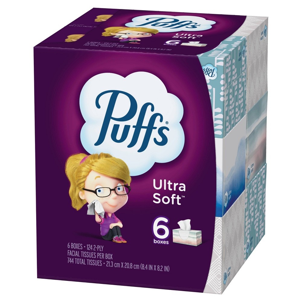 slide 2 of 8, Puffs Ultra Soft Facial Tissue - 6pk/124ct, 744 ct