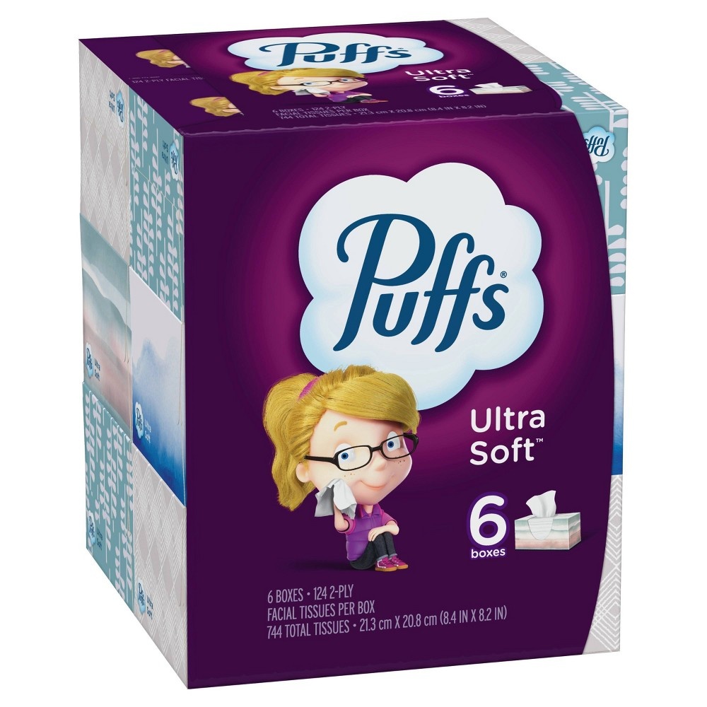 slide 3 of 8, Puffs Ultra Soft Facial Tissue - 6pk/124ct, 744 ct