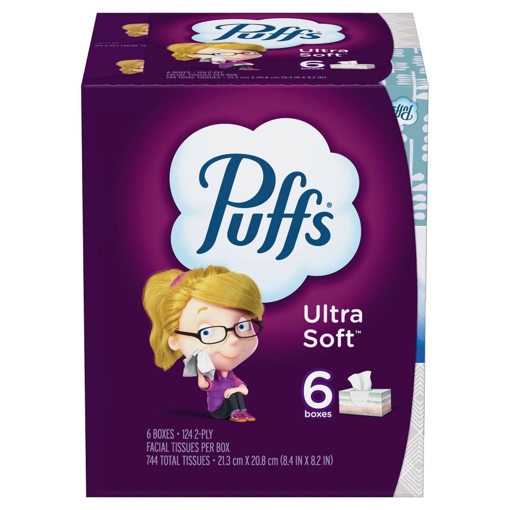 slide 4 of 8, Puffs Ultra Soft Facial Tissue - 6pk/124ct, 744 ct