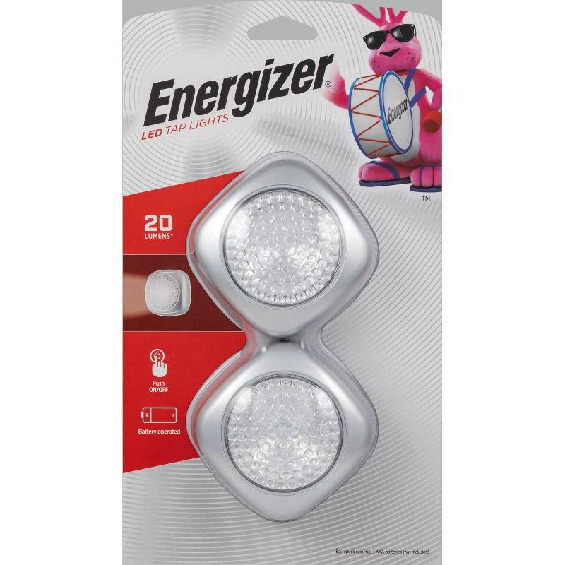 slide 1 of 11, Energizer 2pk LED Tap Cabinet Lights: Battery-Powered Puck Light for Closets, Push Button, Silver, 7 Lumens, 2 ct