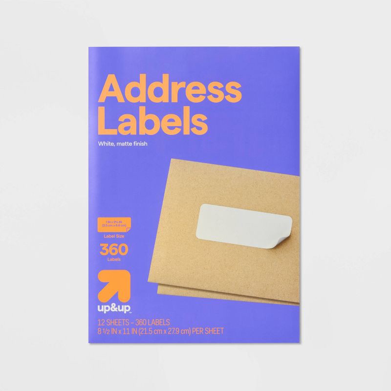 slide 1 of 5, 360ct Address Labels 1"x2 5/8" White - up&up™: Label Stock Paper, Mailing Template, Printer Format, 360 Pack, 360 ct, 360 ct