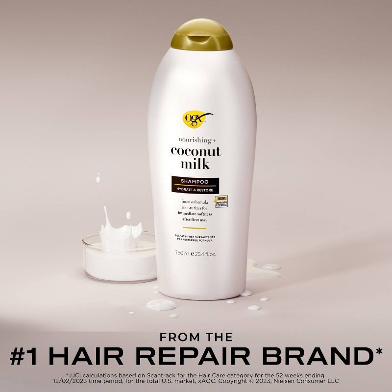 slide 4 of 9, OGX Nourishing Coconut Milk Moisturizing Shampoo for Strong & Healthy Hair - 25.4 fl oz, 25.4 fl oz