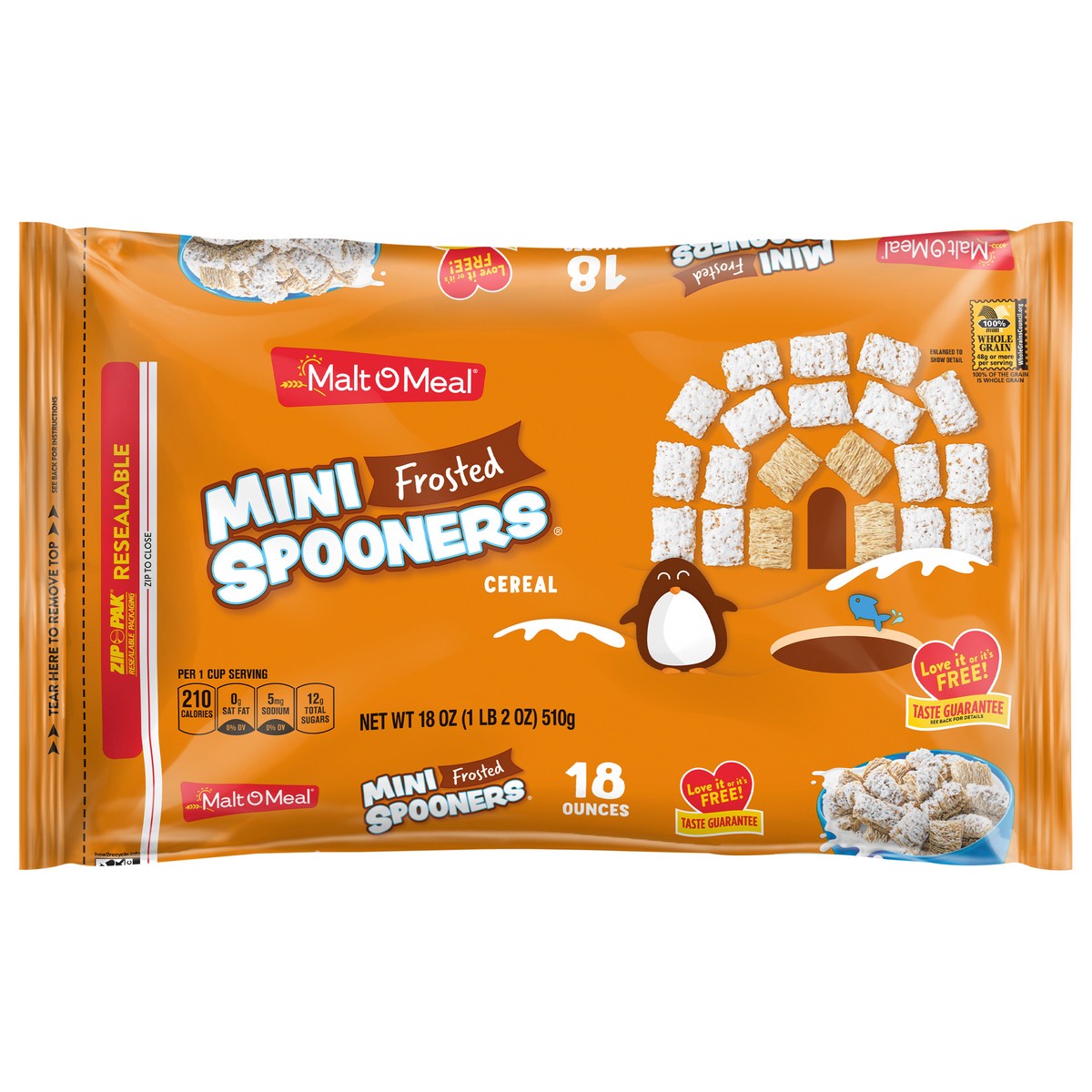 slide 1 of 5, Malt-O-Meal Frosted Mini Spooners Shredded Wheat Cereal, 18 OZ Bag, 18 oz