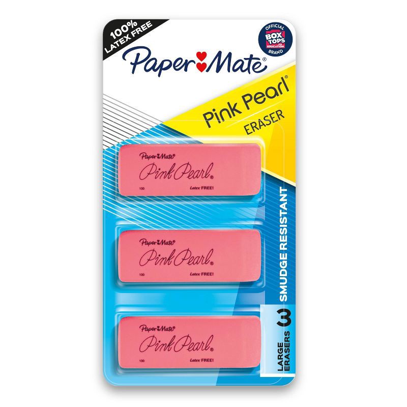 slide 1 of 7, Paper Mate 3pk Pencil Erasers Pink Pearl, 3 ct