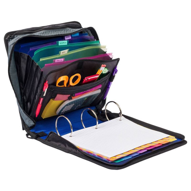 slide 6 of 6, Case-it 3" Nylon Round Ring Zip Binder with Internal/External Pockets Black: Zipper Binder, 575 Sheet Capacity, 8 Pockets, 575 sheets