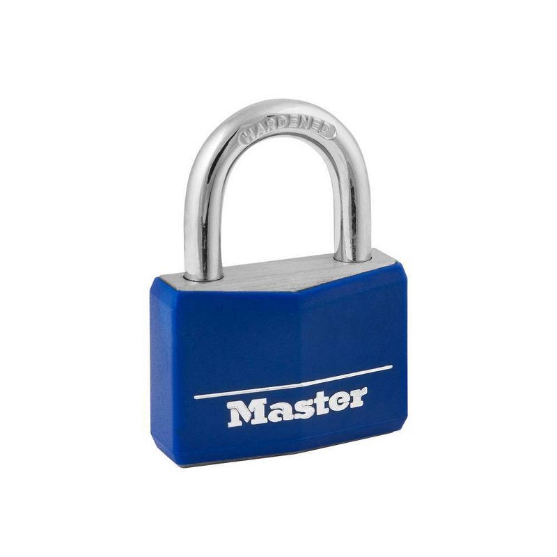 slide 2 of 3, Master Lock Lock 40Mm: Brass Padlock with Key, Pin-Tumbler, Double-Locking Lever, Blue, for Sport Bag & Backpack, 1 ct