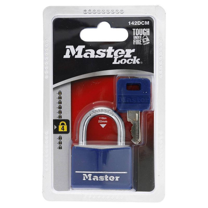 slide 3 of 3, Master Lock Lock 40Mm: Brass Padlock with Key, Pin-Tumbler, Double-Locking Lever, Blue, for Sport Bag & Backpack, 1 ct