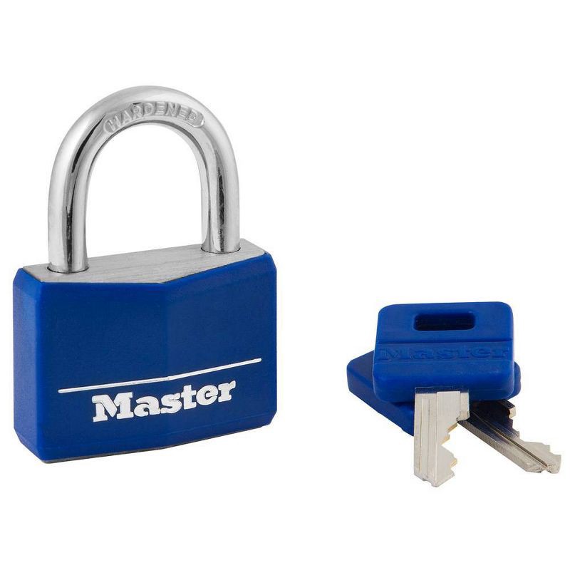 slide 1 of 3, Master Lock Lock 40Mm: Brass Padlock with Key, Pin-Tumbler, Double-Locking Lever, Blue, for Sport Bag & Backpack, 1 ct