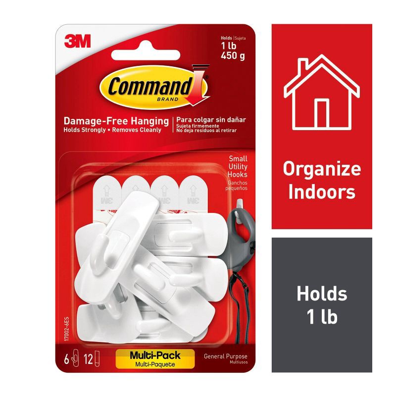 slide 2 of 11, Command 6 Hooks 12 Strips Small Sized UtilityDecorative Hooks Value Pack White: Adhesive Wall Hooks, 1 lb Capacity, 1 lb