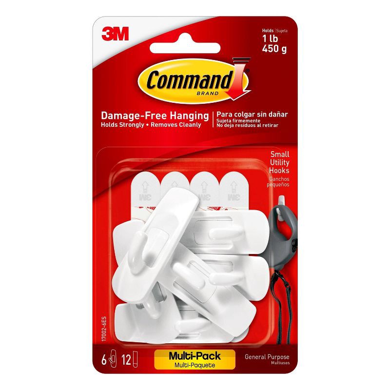 slide 1 of 11, Command 6 Hooks 12 Strips Small Sized UtilityDecorative Hooks Value Pack White: Adhesive Wall Hooks, 1 lb Capacity, 1 lb