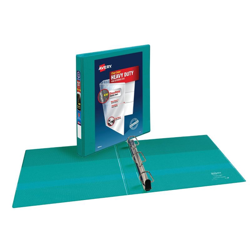 slide 3 of 4, Avery 1" Clear Cover Heavy Duty Green Ring Binder: 1" D-Ring, 250 Sheet Capacity, 4 Internal Pockets, Turquoise Blue, 1 ct