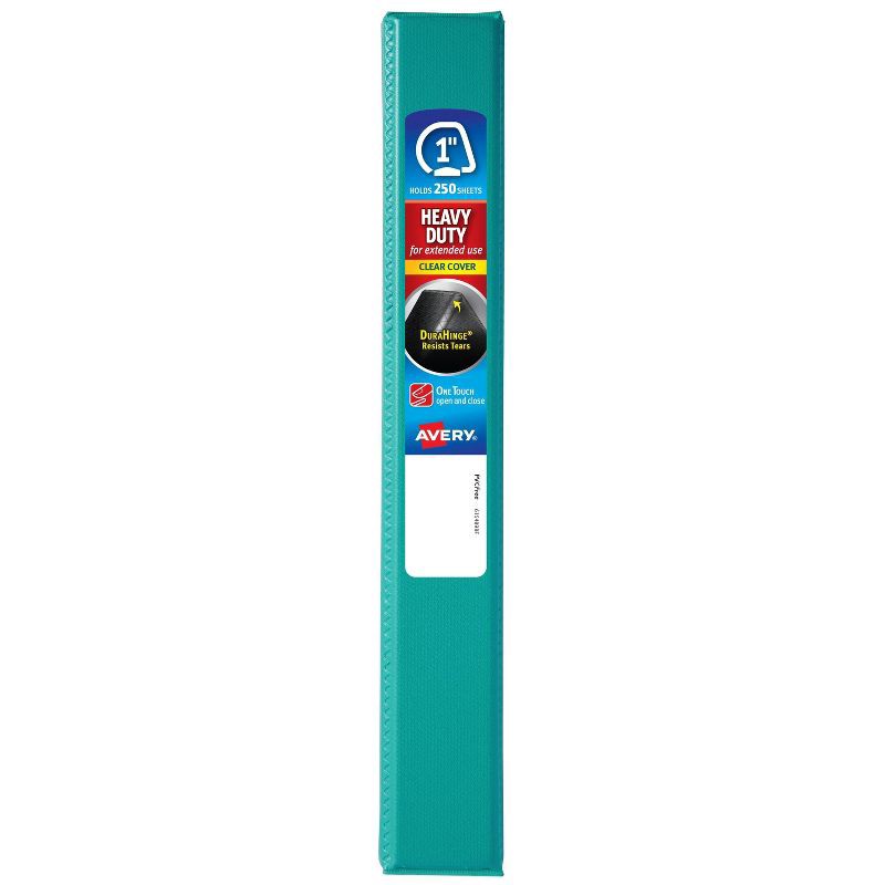 slide 4 of 4, Avery 1" Clear Cover Heavy Duty Green Ring Binder: 1" D-Ring, 250 Sheet Capacity, 4 Internal Pockets, Turquoise Blue, 1 ct