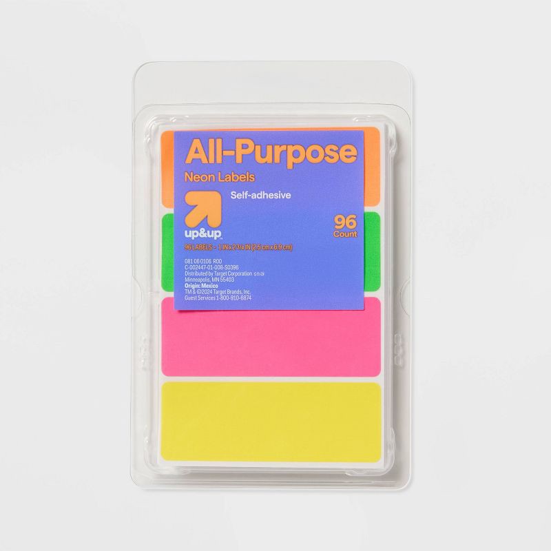 slide 1 of 4, 96ct 1"x2.75" Permanent Labels Neon - up&up™, 96 ct