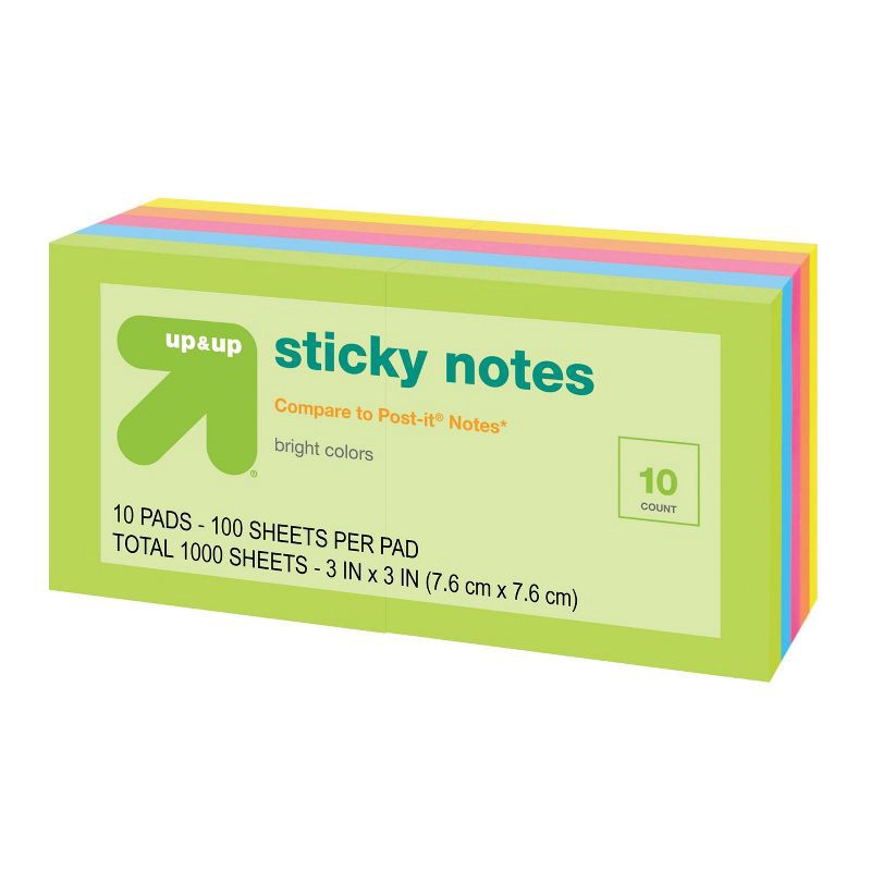 slide 2 of 3, Sticky Notes 10pk 100ct per Pack - up&up™: 3x3 Inch Multicolor, Uncoated Paper, Office Supplies, Glue Binding, 10 ct, 100 ct