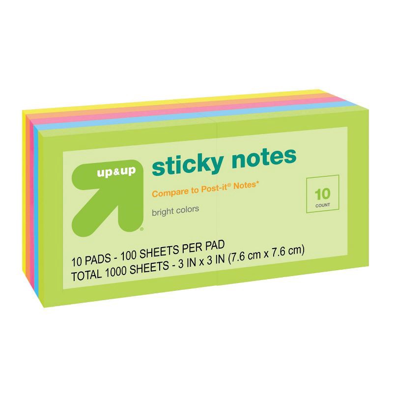 slide 3 of 3, Sticky Notes 10pk 100ct per Pack - up&up™: 3x3 Inch Multicolor, Uncoated Paper, Office Supplies, Glue Binding, 10 ct, 100 ct