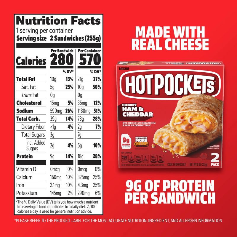 slide 8 of 14, Hot Pockets Hickory Ham & Cheddar Frozen Snacks with Croissant Crust - 9oz/2ct, 2 ct; 9 oz