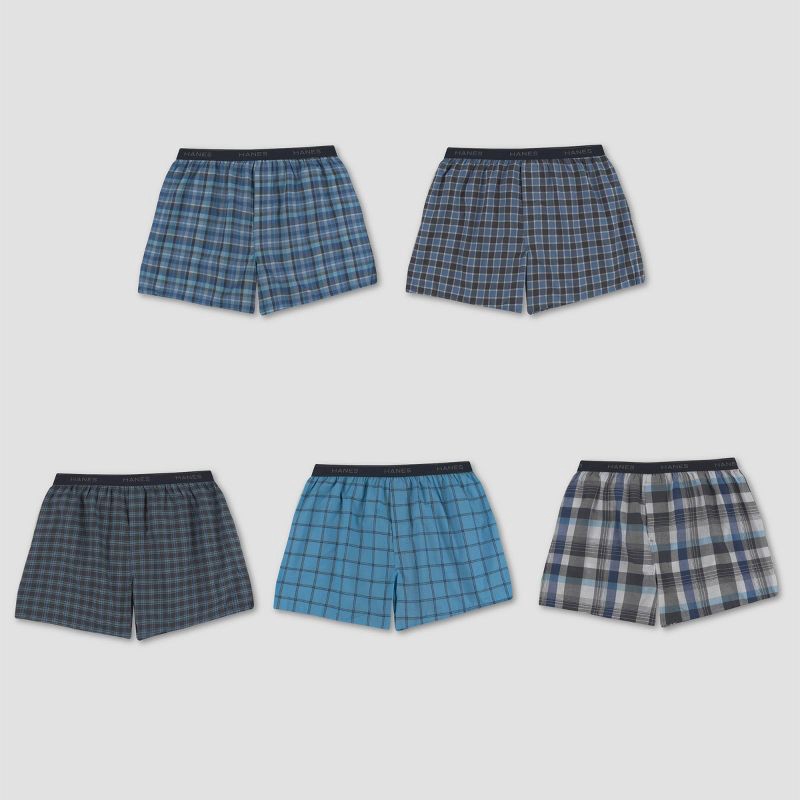 slide 3 of 5, Hanes Men's Woven Plaid Boxers 5pk - Blue M: Tagless, Breathable, Moisture Wicking, Lightweight Fabric, 5 ct