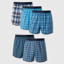 Hanes Men's Woven Plaid Boxers 5pk - Blue L: Tagless, Breathable, Moisture Wicking, Lightweight, Machine Washable, Elastic Waistband
