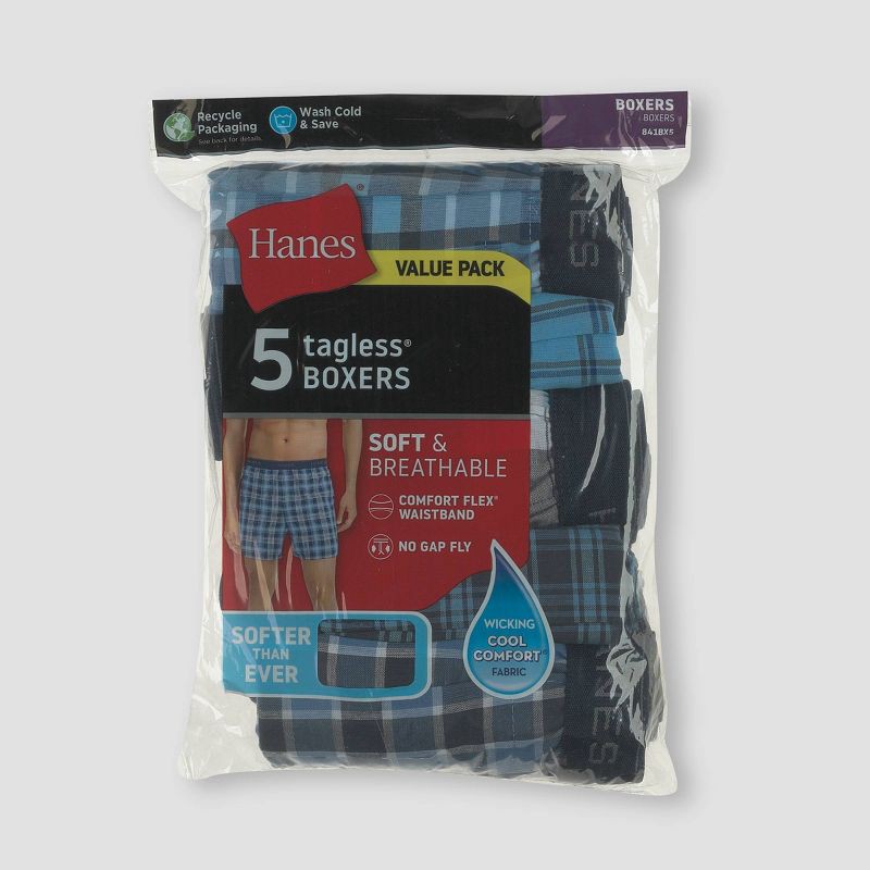 slide 2 of 5, Hanes Men's Woven Plaid Boxers 5pk - Blue XL: Tagless, Breathable, Moisture Wicking, Lightweight Cotton-Polyester Blend, 5 ct