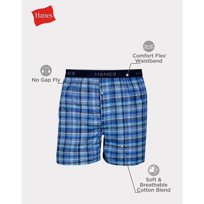 slide 4 of 5, Hanes Men's Woven Plaid Boxers 5pk - Blue XL: Tagless, Breathable, Moisture Wicking, Lightweight Cotton-Polyester Blend, 5 ct