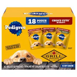 Pedigree Choice Cuts in Gravy Grilled Chicken Flavor/Filet Mignon Flavor/Hickory Smoked Chicken Flavor Food for Dogs Variety Pack 18 - 3.5 oz Pouches
