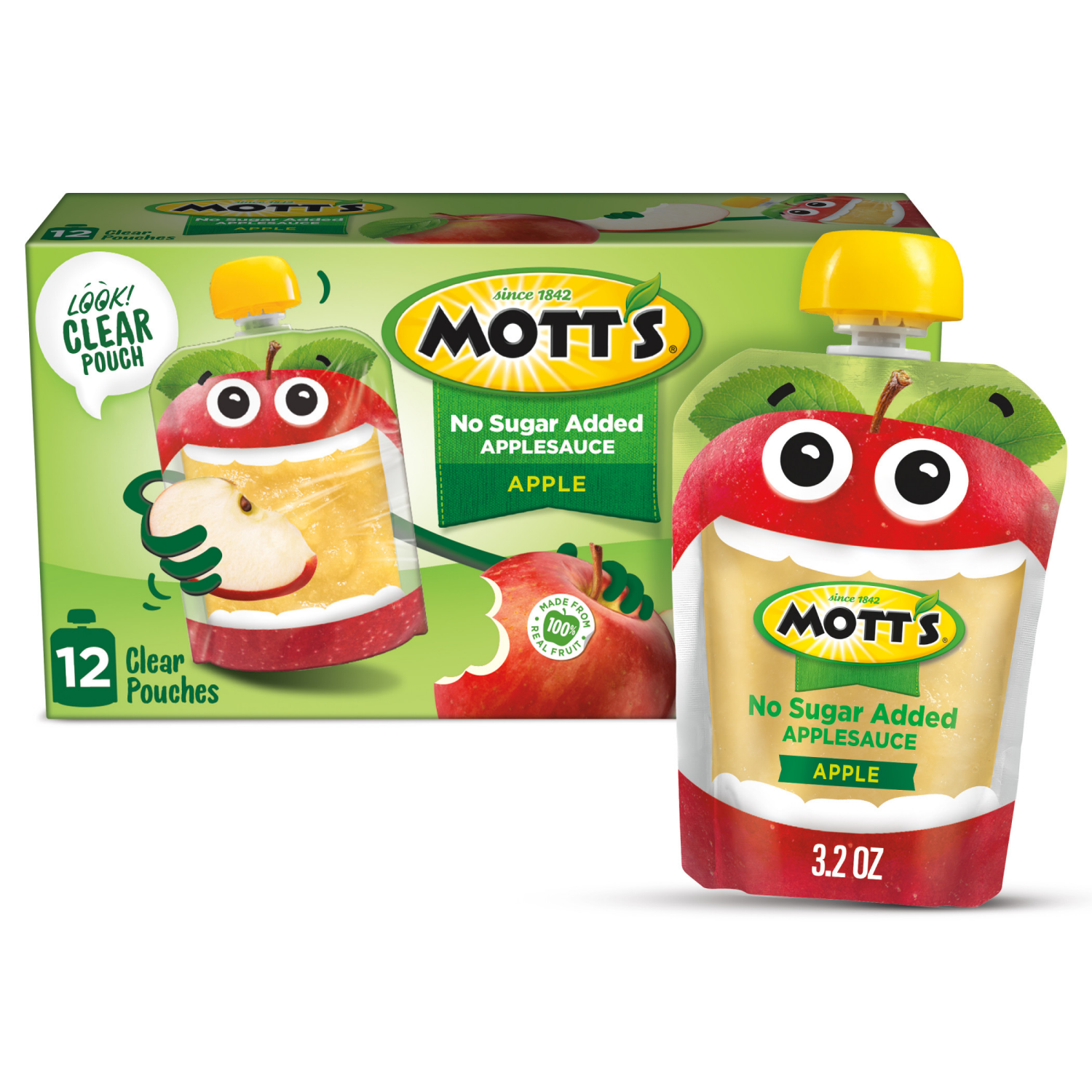 slide 1 of 8, Mott's No Sugar Added Applesauce, 3.2 oz clear pouches, 12 count, 12 ct