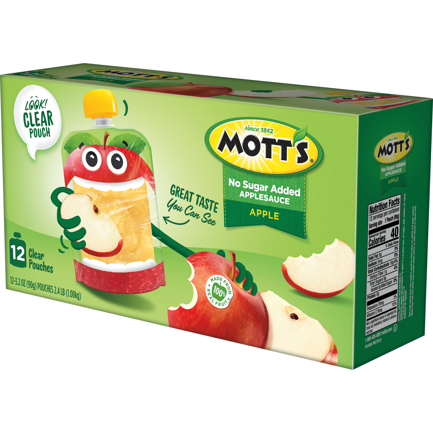 slide 4 of 8, Mott's No Sugar Added Applesauce, 3.2 oz clear pouches, 12 count, 12 ct