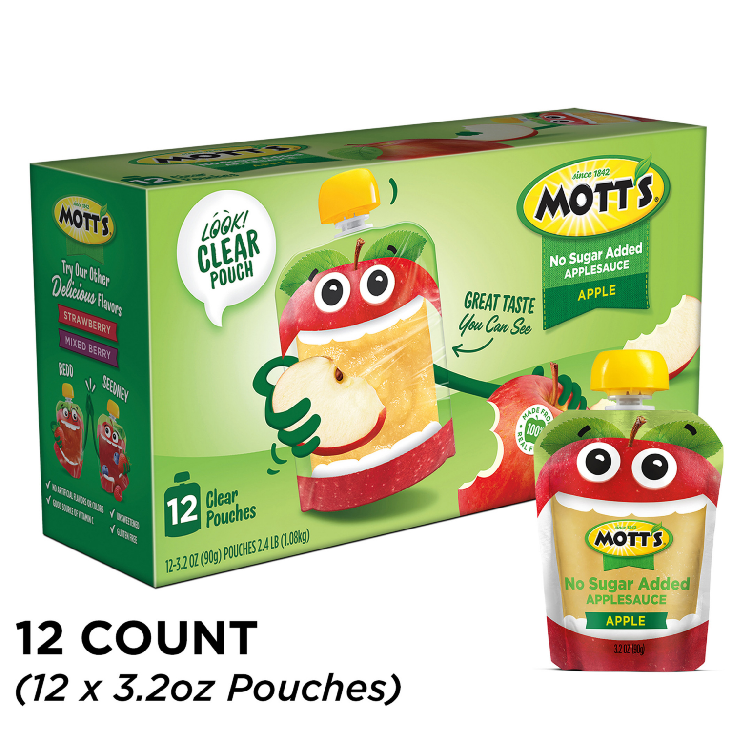 slide 6 of 8, Mott's No Sugar Added Applesauce, 3.2 oz clear pouches, 12 count, 12 ct