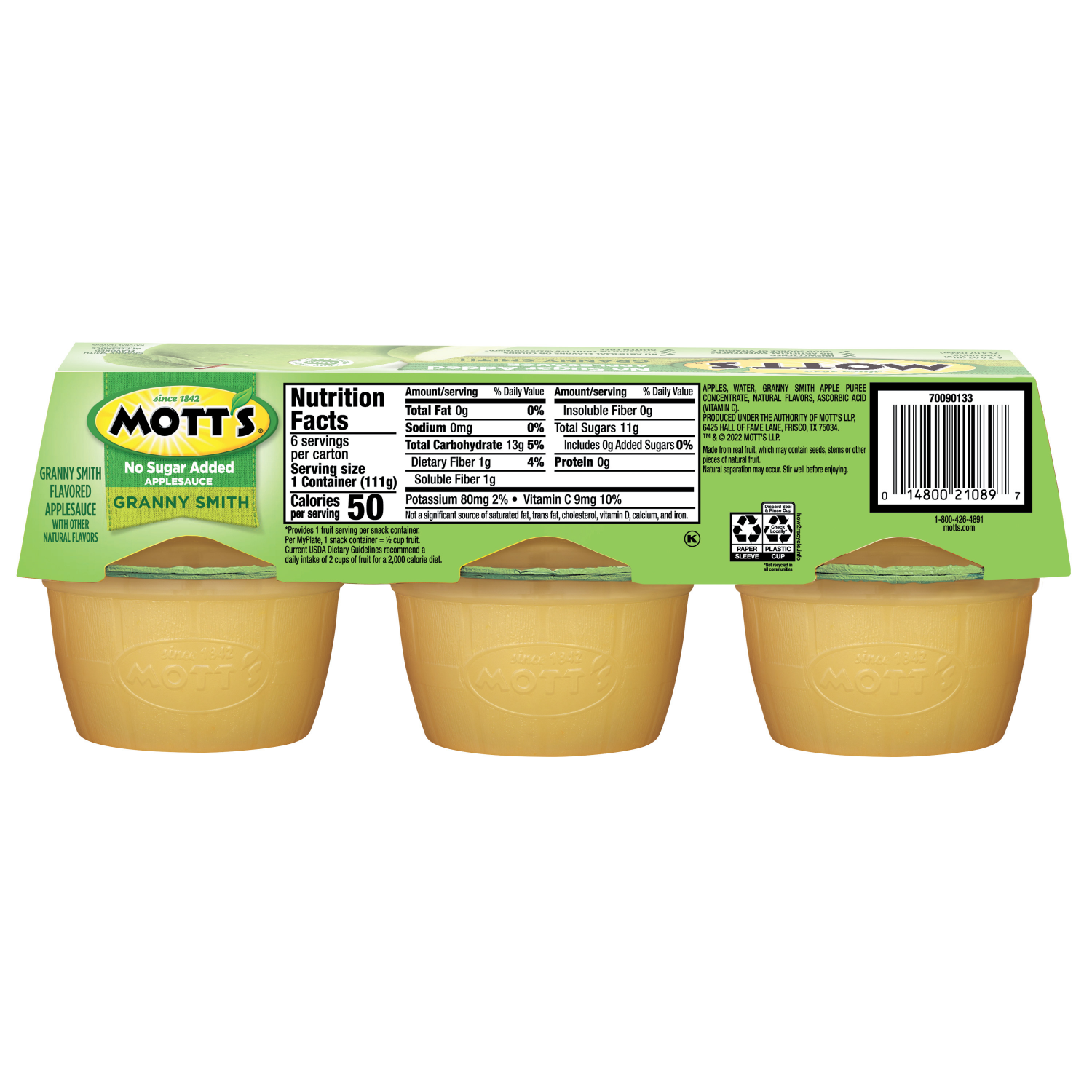 slide 2 of 5, Mott's No Sugar Added Granny Smith Applesauce, 3.9 oz cups, 6 count, 6 ct